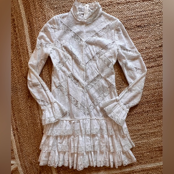 ZIMMERMANN GLASSY FRILLED LONG SLEEVE LACE RUFFLE MINI DRESS WORN ONCE 3/L - Picture 3 of 4